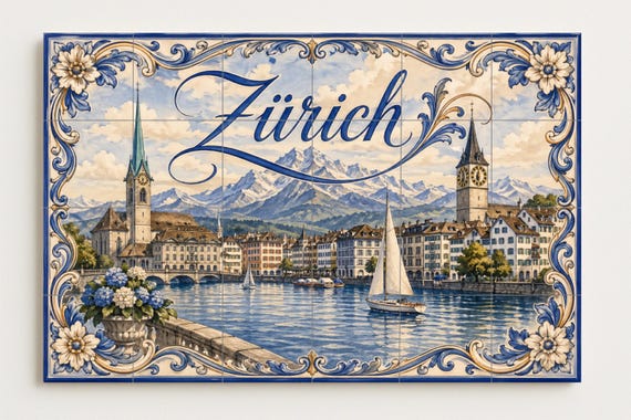 Mural de azulejos de cerámica de Zúrich, Suiza, arte mural de la ciudad lacus… — vista 4