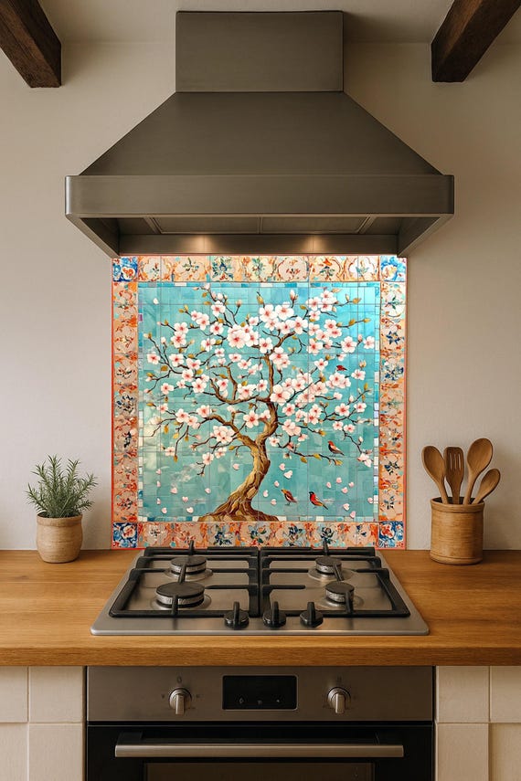 Mural de azulejos de cerámica con flores de cerezo — vista 2