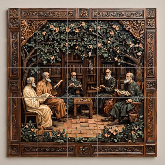 Mural de azulejos cerámicos monásticos medievales con eruditos leyendo en la … — vista 3