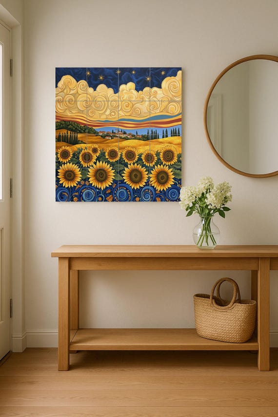 Mural de azulejos de cerámica en estilo Van Gogh con girasoles, cielo nocturn… — vista 2