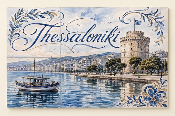 Mural de azulejos de cerámica de Tesalónica, decoración costera de la Torre B… — vista 4