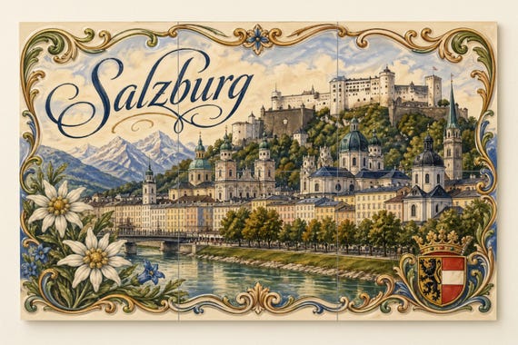 Mural de azulejos de cerámica de la fortaleza de Hohensalzburg en Salzburgo, … — vista 3