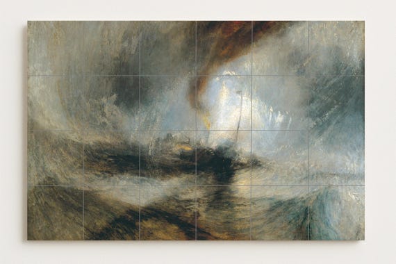 Mural de azulejos de cerámica con diseño de barco de vapor en tormenta de nieve