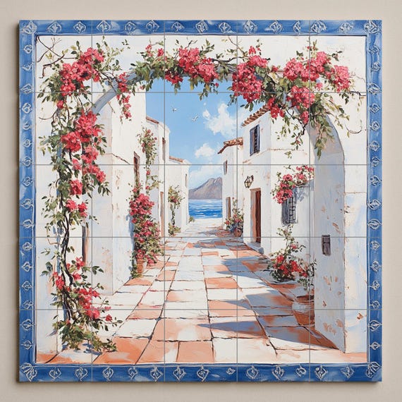 Mural de azulejos de cerámica de un pueblo costero mediterráneo — vista 3