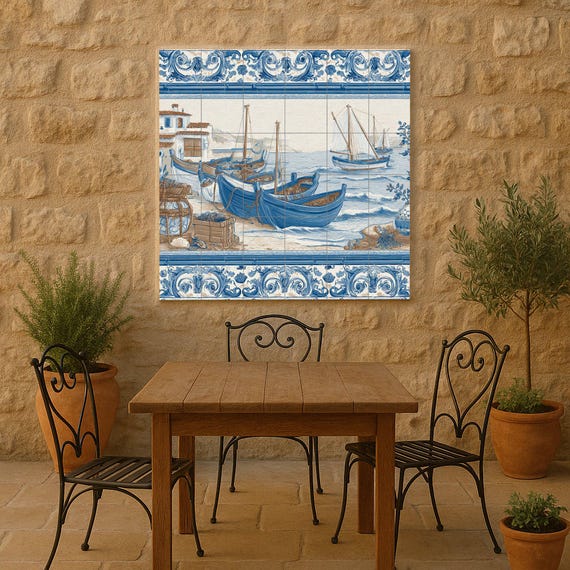 Mural de azulejos con barcos pesqueros mediterráneos — vista 2