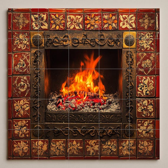 Mural de azulejos de cerámica con chimenea encendida y llamas brillantes, bor… — vista 3