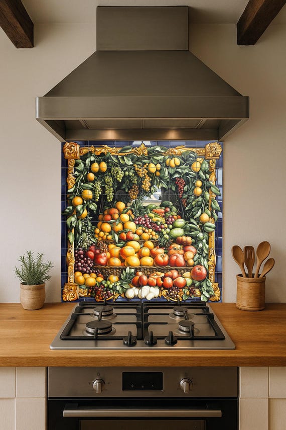 Mural de azulejos cerámicos con guirnalda de frutas barrocas napolitanas con … — vista 2