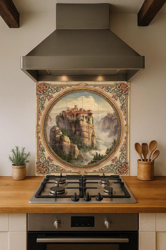 Mural de azulejos de Meteora, Grecia. Panel cerámico de un monasterio en los … — vista 4