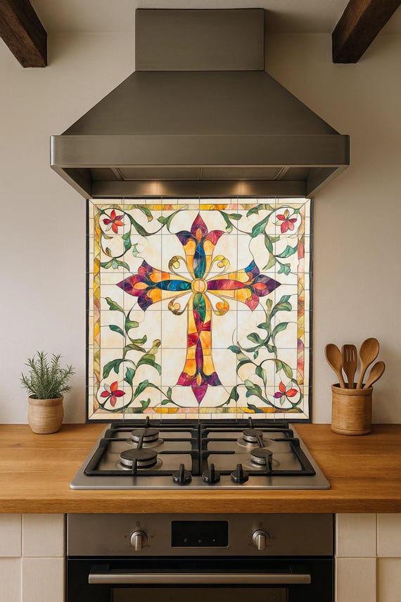 Mural de pared de cerámica con forma de cruz de colores con adornos florales,… — vista 4