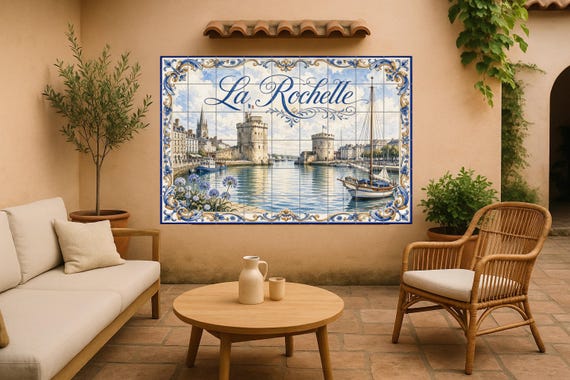 Mural de azulejos de cerámica de La Rochelle, arte mural costero francés con …