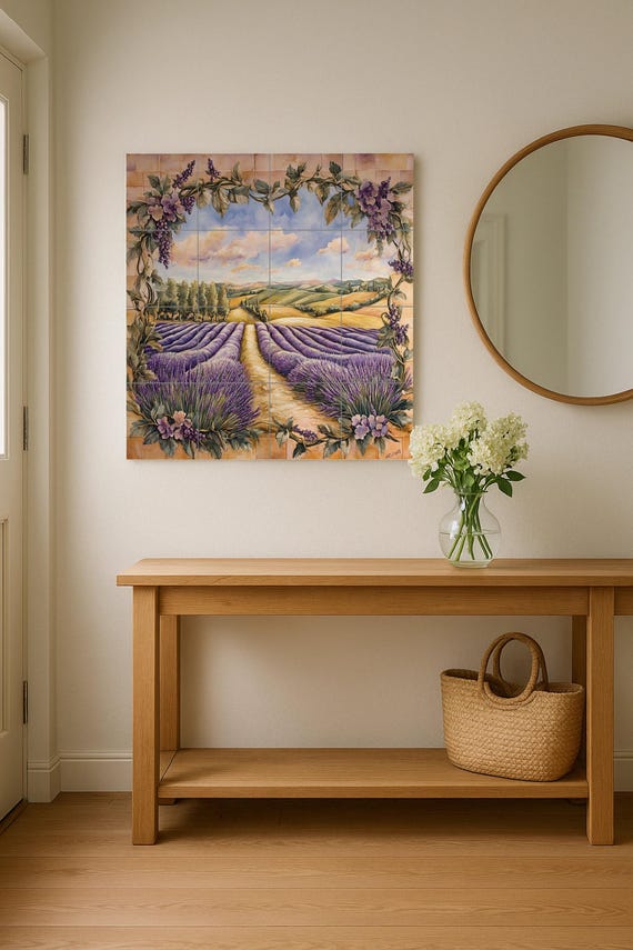 Mural de pared de cerámica con campo de lavanda y marco de vides de la Toscan… — vista 4