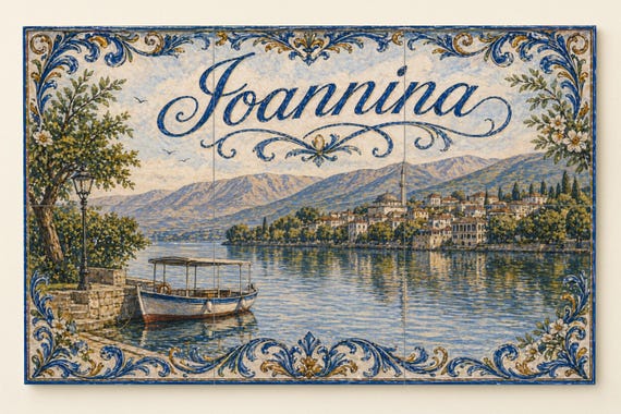 Mural de azulejos de cerámica de Ioannina, Grecia, arte mural junto al lago d… — Mural cerámico de Cerámicas La Noria