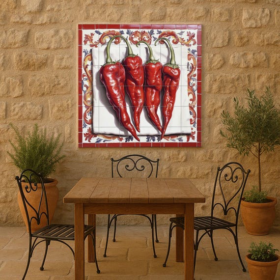 Mural de azulejos de cerámica rústica con chiles rojos, arte mural de peperon…