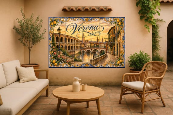 Mural de azulejos de cerámica de la Arena Romana de Verona, decoración románt…