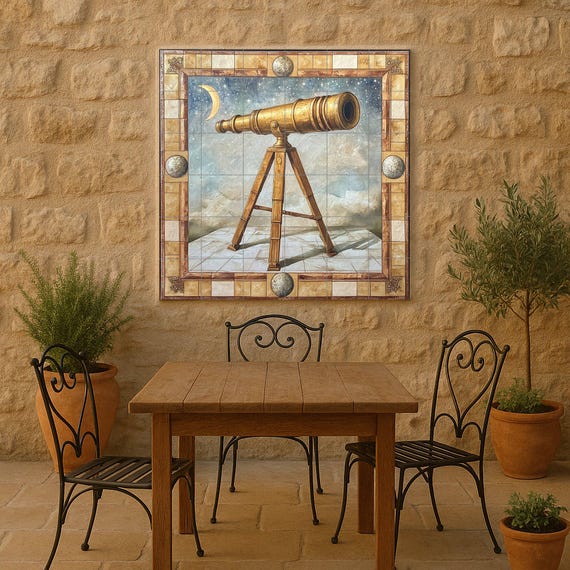 Mural de cerámica con telescopio dorado — vista 2