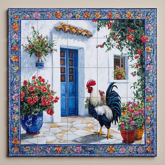 Mural de azulejos de cerámica con diseño de gallo mediterráneo, patio rústico… — vista 3