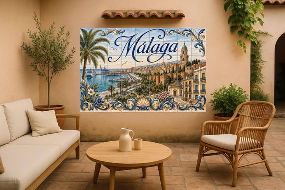 Mural de azulejos de cerámica mediterránea de Málaga, decoración de pared and…