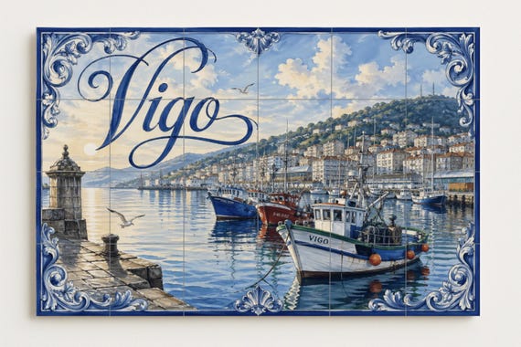 Mural de azulejos cerámicos del puerto pesquero de Vigo, decoración de pared … — vista 4