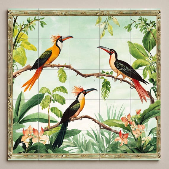 Mural de azulejos de cerámica con diseño de aves tropicales exóticas, diseño … — vista 3