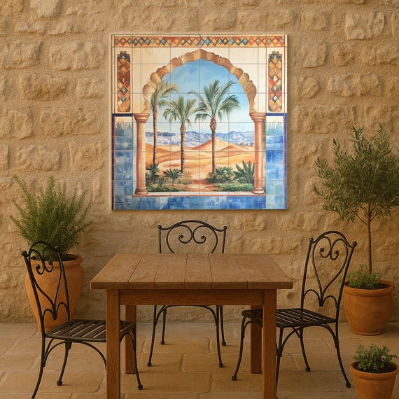 Mural de pared de cerámica con arco morisco, oasis en el desierto y palmeras,… — vista 2