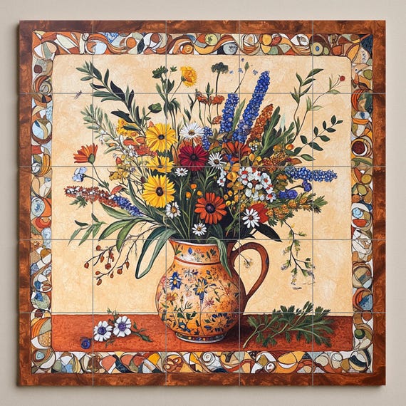 Mural de pared de cerámica botánica renacentista con arreglo floral ornamenta… — vista 3
