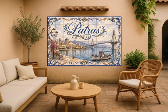 Mural de azulejos de cerámica de Patras, Grecia, arte mural junto al mar del …