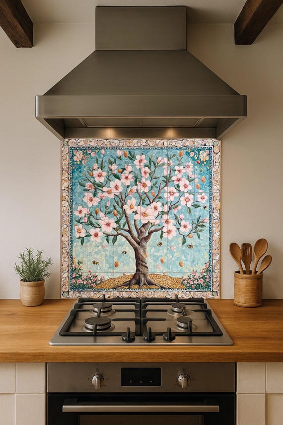 Mural de azulejos cerámicos de flor de almendro persa con abejas y borde de m… — vista 2