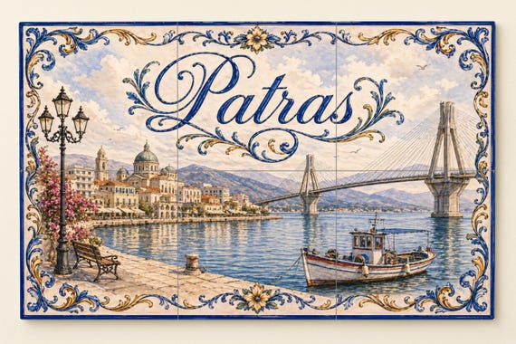Mural de azulejos de cerámica de Patras, Grecia, arte mural junto al mar del … — vista 4