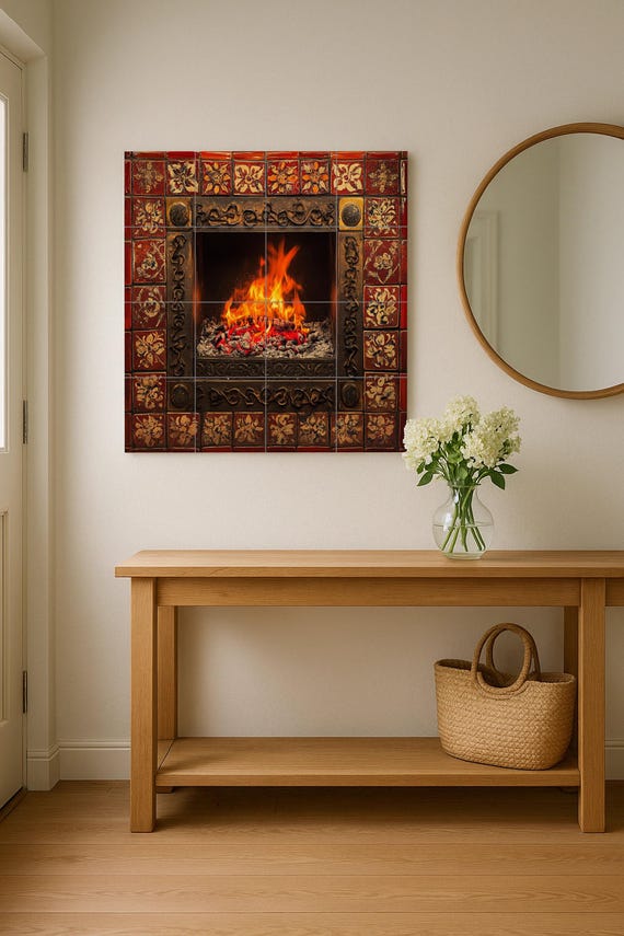 Mural de azulejos de cerámica con chimenea encendida y llamas brillantes, bor… — vista 4