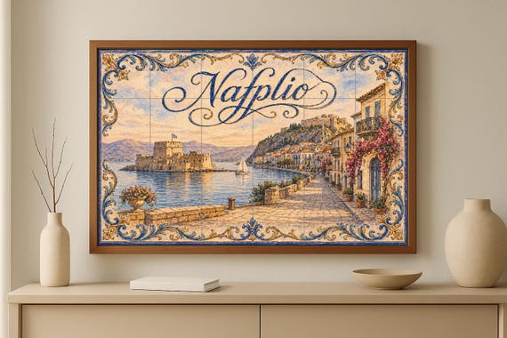 Mural de azulejos de cerámica de Nafplio, Grecia, arte mural costero del puer… — vista 3