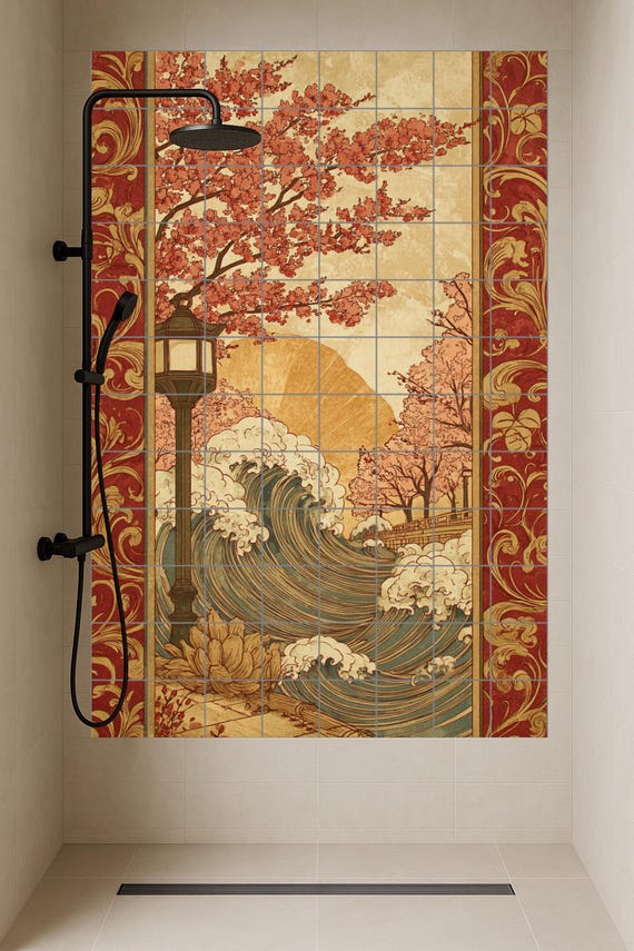 Mural cerámico de olas doradas y flores — vista 4