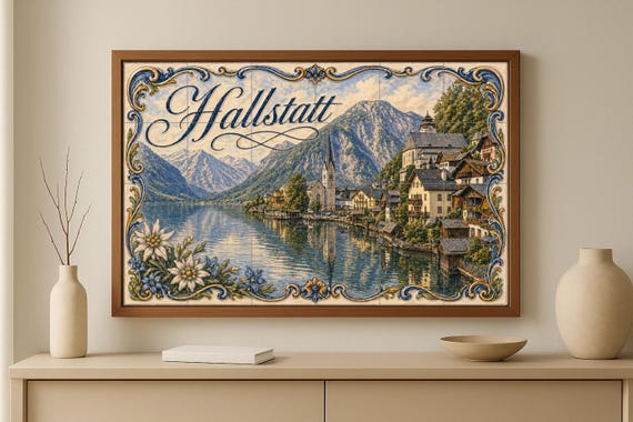 Mural de azulejos de cerámica de Hallstatt, pueblo alpino junto al lago en Au… — vista 2