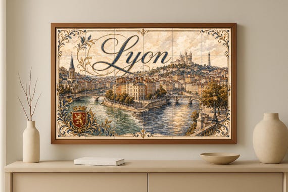 Mural de azulejos de cerámica a orillas del río Lyon, decoración de pared de … — vista 3