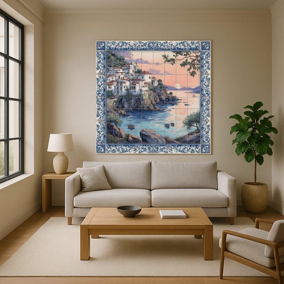 Mural de azulejos con puesta de sol en el Mediterráneo