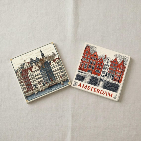 Ámsterdam / Posavasos de azulejos de casas de canales holandeses / Reg