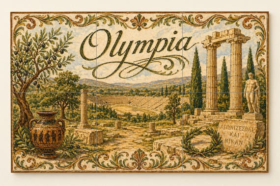 Mural de azulejos de cerámica de Olimpia, Grecia, arte mural de ruinas olímpi… — vista 4