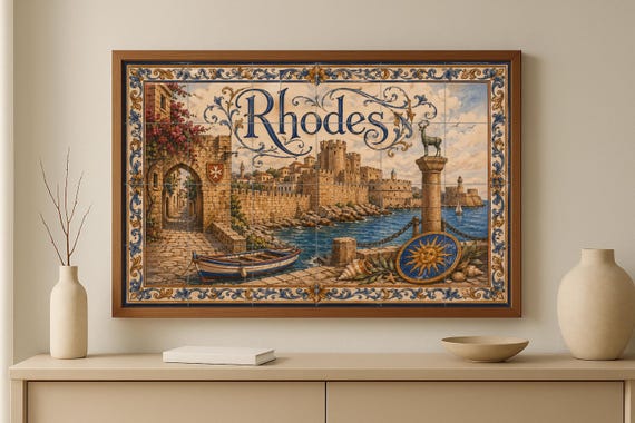 Mural de azulejos de cerámica de Rodas, Grecia, arte mural griego medieval, p… — vista 3