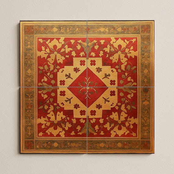 Mural de cerámica armenia con motivos de cruces, rosetas doradas, pieza centr… — vista 3