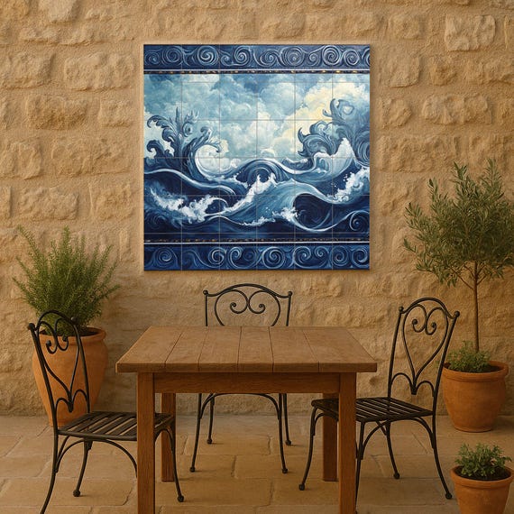 Mural de pared de cerámica con olas del océano y diseño de nubes y mar en esp… — vista 4