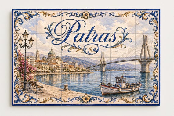 Mural de azulejos de cerámica de Patras, Grecia, arte mural junto al mar del … — vista 2