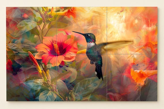 Mural de azulejos con flores de colibrí — vista 3
