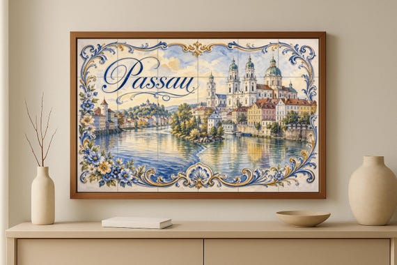 Mural de azulejos de cerámica de Passau, Alemania, arte mural de paisaje urba… — vista 3