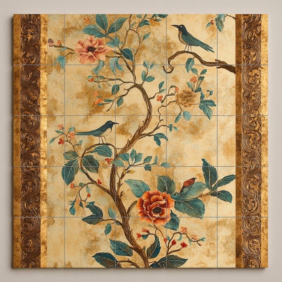 Mural cerámico con flores y pájaros — vista 3