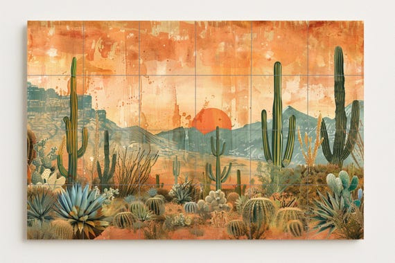 Mural de cactus al atardecer en el desierto — vista 2