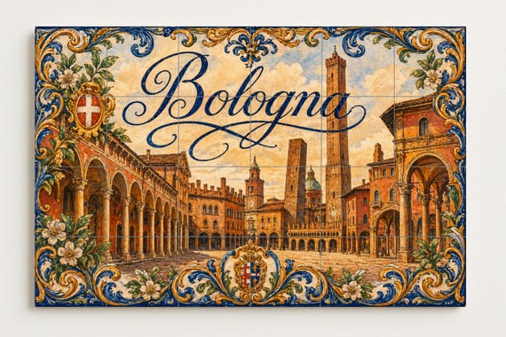 Mural de azulejos de cerámica con torres medievales de Bolonia, decoración de… — vista 4