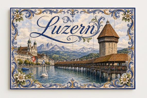 Mural de azulejos de cerámica de Lucerna, Suiza, arte ribereño de lago suizo,… — vista 4