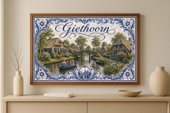 Mural de azulejos de cerámica de Giethoorn, casas de campo holandesas con tec… — vista 3