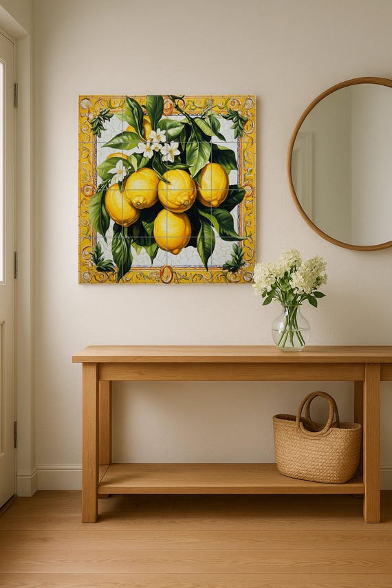 Mural de azulejos de cerámica con limones, flores de cítricos, hojas verdes y…