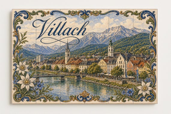 Mural de azulejos de cerámica de Villach Alpine Riverside Austria, río Drau y… — vista 4