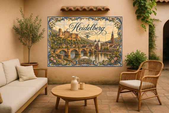 Mural de azulejos de cerámica de Heidelberg, arte mural romántico de paisaje …